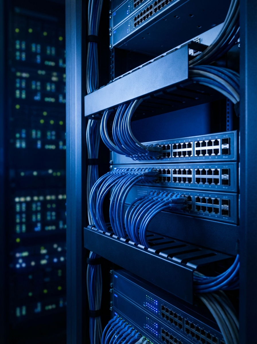 Data center server racks with blue LED lighting